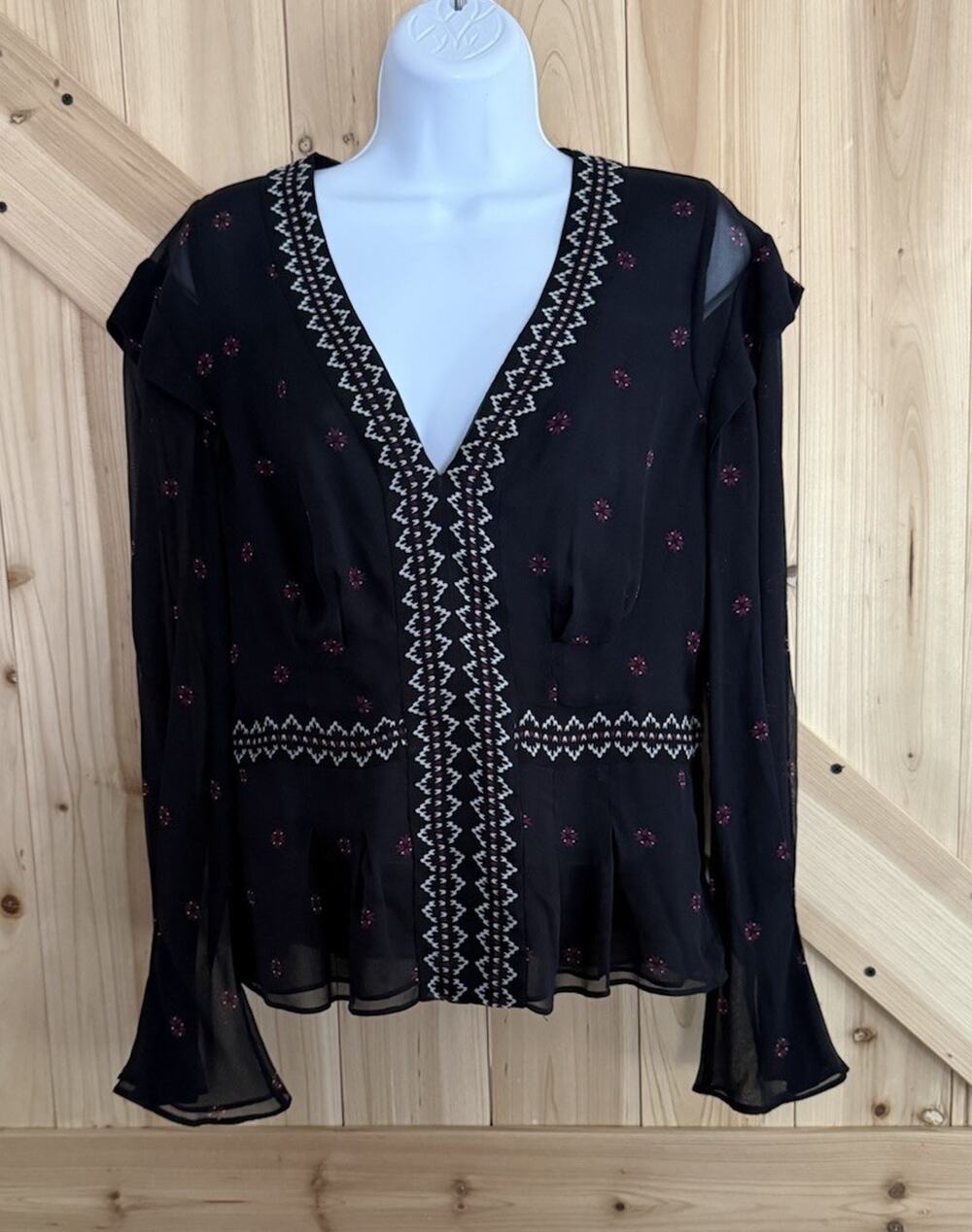 Joie Jamya Black Red 100% Silk Long Sleeve Deep V Neck Boho Aztec Blouse Sz M
